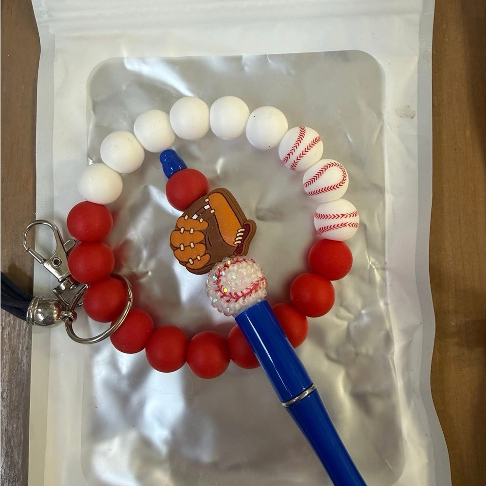 Baseball Themed Beaded Wristlet with Matching Pen